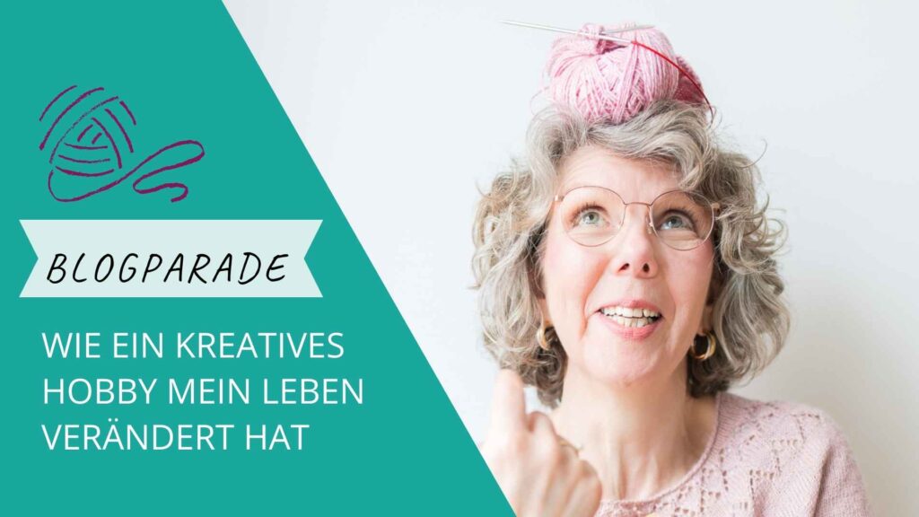 Kreative Frau mit Wollknäuel auf dem Kopf